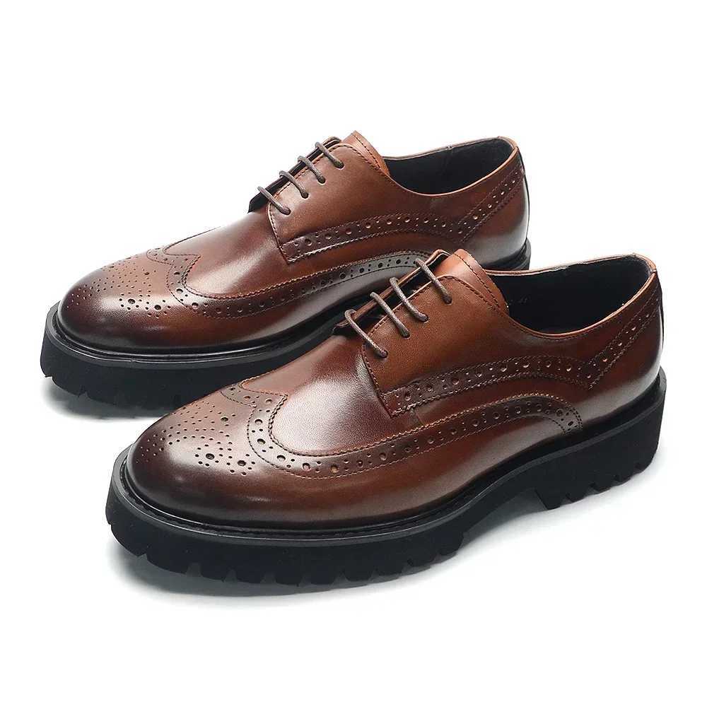 Soft Chunky Sole Mens Derby Dress Shoes Genuine Leather Brogue Wingtip Oxfords Style Casual Business Elevator Shoes Modern ManXJ250113