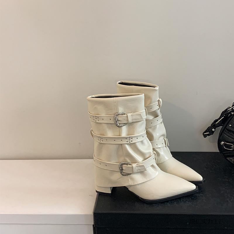 2024 Autumn/winter Square Toe Chunky Heels for Fold Belt Buckle Boots Mid-calf Women Shoes 744e