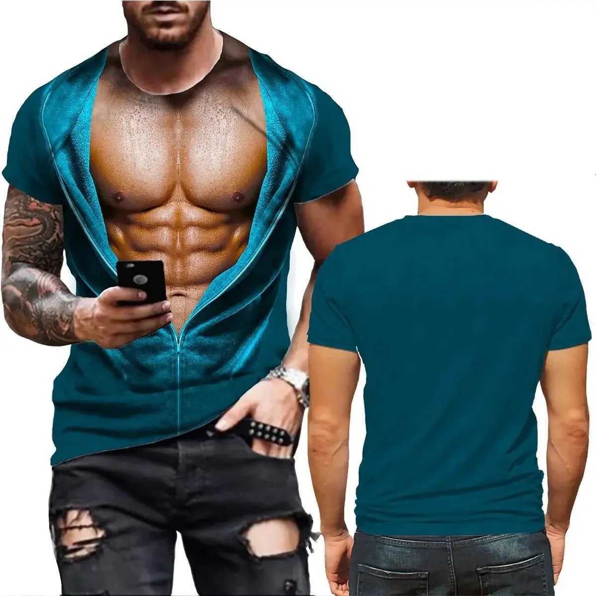 European and American mens T-shirt mens fake muscle 3D printing funny T-shirt summer top short sleeve fashion casual T-shirt X250113