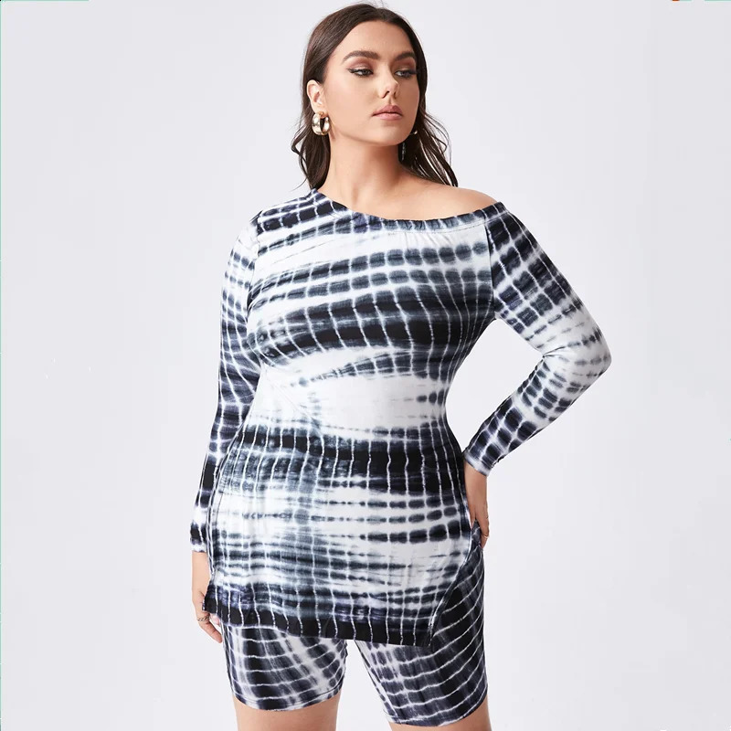 Plus Size Tie Dye Summer Spring Fashion Two Piece Set Outfits Oblique Neck Long Sleeve Top Blouse And Biker Shorts 6XL y250122