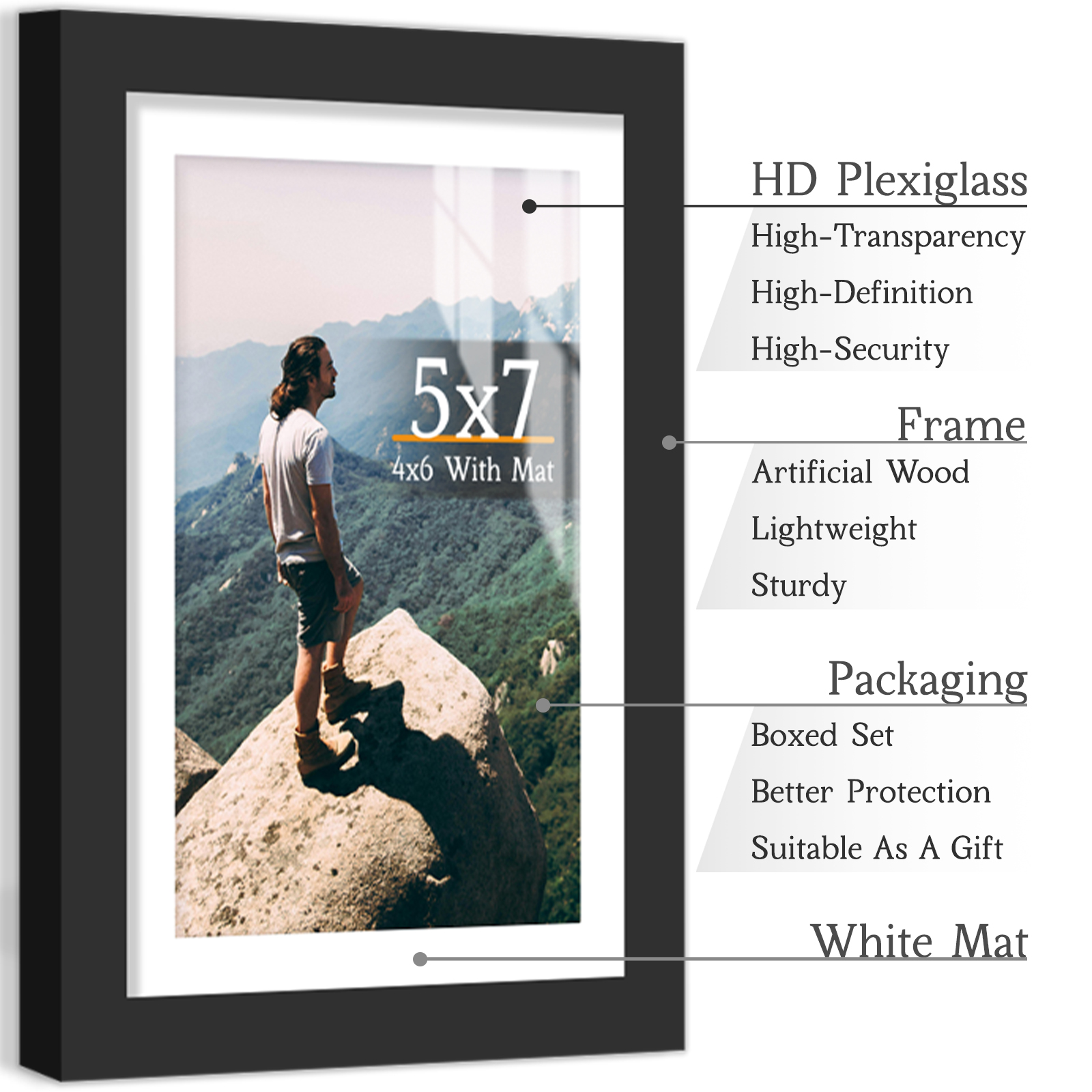 3pcs Picture Boxed Set, Display Pictures 4x6 With Mat or 5x7 Without Mat, Black/White/Burlywood Photo Frames H260306