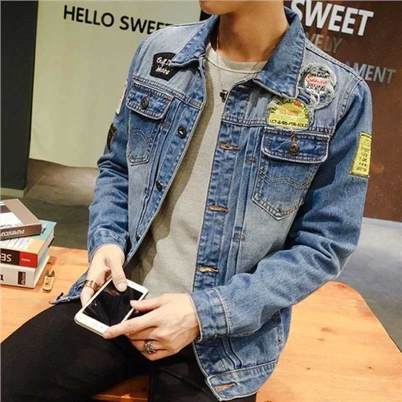 Trendy With Hole Mens Denim Jacket Ripped Male Jean Coats Plus Size Original Designer Elatic Rock Lxury Fast Delvery Loose Worn X250113