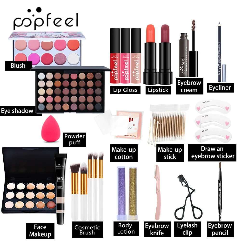 28Pcs Eyeshadow Lipstick Eyebrow Concealer Powder Brush Complete Makeup For Women Female Beginner Student Full Set