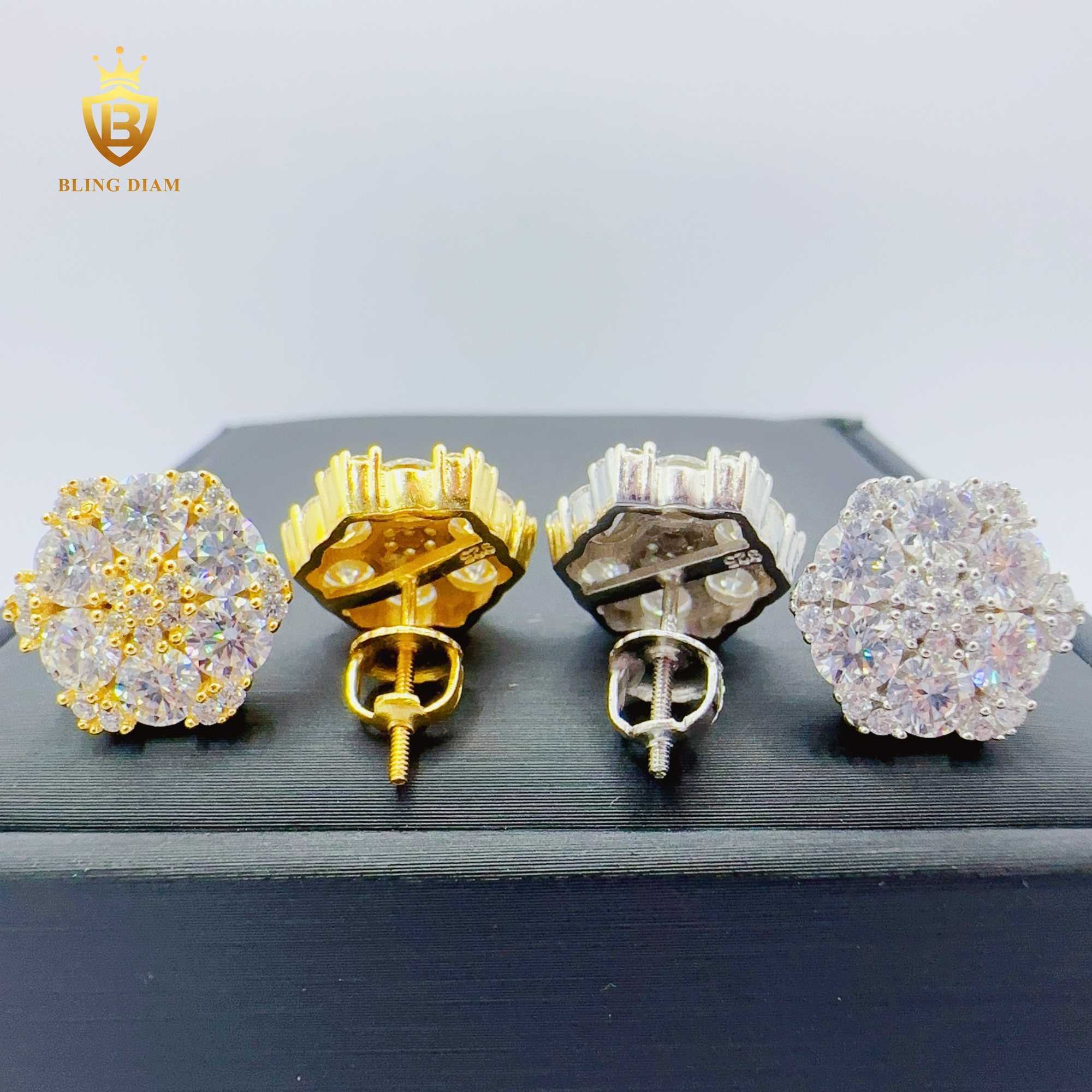 Blingdiam Moissanite Jewelry hip hop flower earrings 925 sterling Silver stud Earrings with GRA