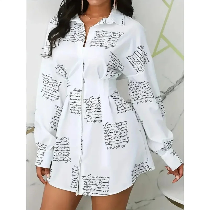 Plus Size 1XL5XL Women Fashionable Printed Waistband Shirt with Lantern Sleeves Ladies Casual Blouse Long Sleeve 250102