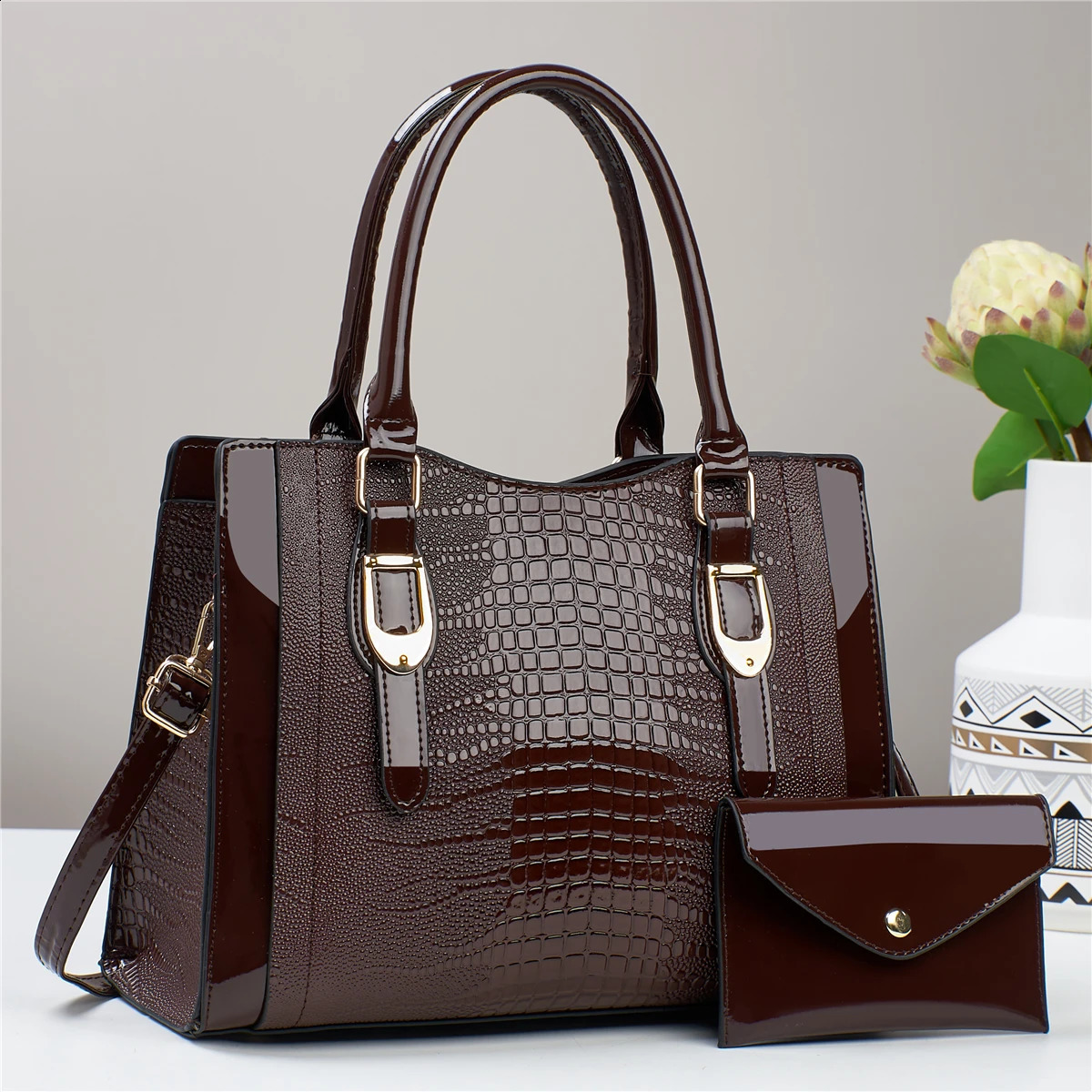 2pcs Glossy Print Handbag Set - Stylish Top Handle Tote Versatile Crossbody Bag with Mini Card Coin Purse 250106