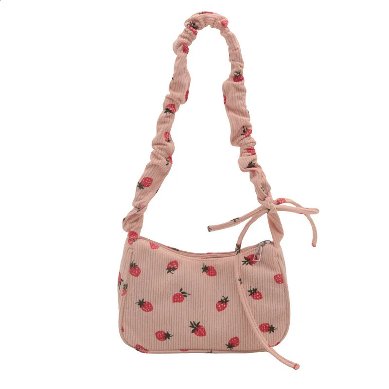 Women Small Underarm Bag Corduroy Handbag Cute Strawberry Print Little Tote Half Moon n Eco Cloth Purse Mini Shoulder Bags 250107