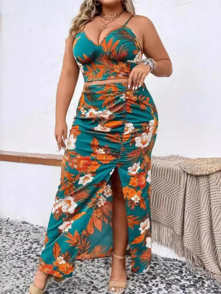 Plus Size Summer Floral Print 2 Two Piece Set Women Sleeveless Sexy Fashion Ladies Cropped Slip Tops Split Pleated Woman Skirts 250106