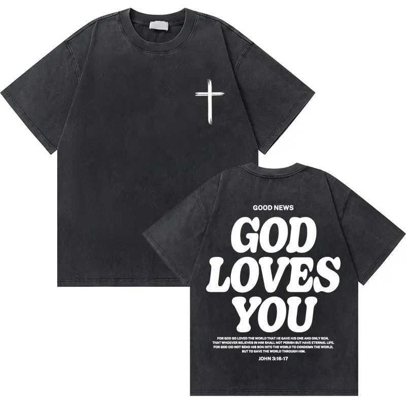 Washed Vintage Christian Jesus Good News God Loves You Bible Verse Graphic T-shirts Men Women Fashion Casual Oversized T Shirt X250113