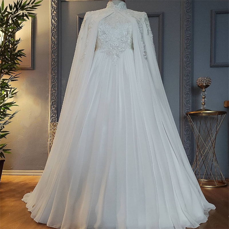 Exquisite Muslim Wedding Dress Caped Moroccan Caftan Dubai Civil Bride Derss Long Sleeve Islamic Caucasian Bridal Dress Modern Lace Country Vestio De 