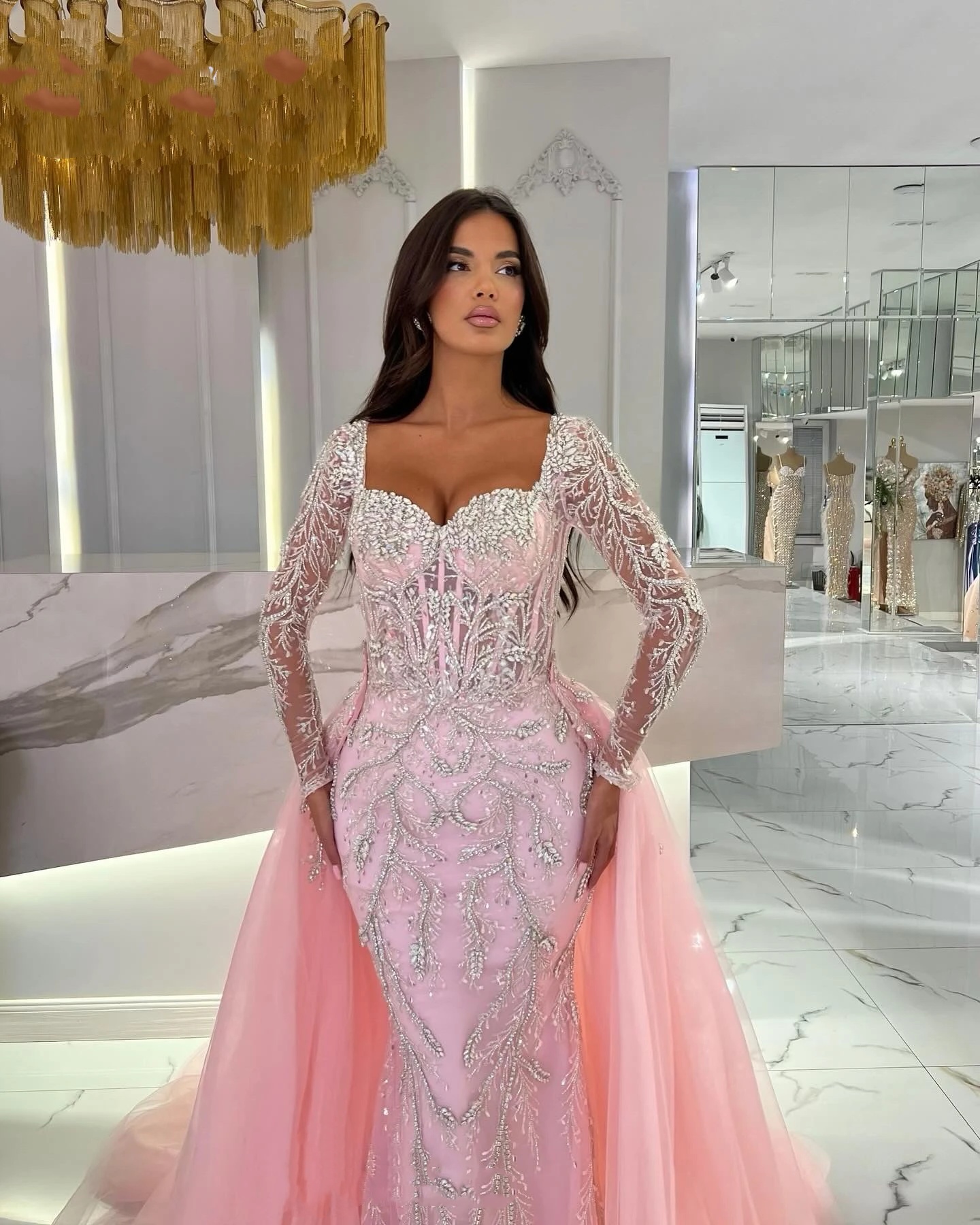 Classic Evening Dresses For Women Sweetheart Neck Long Sleeves Gown Crystal Appliques Detachable Train Customized Dress Party