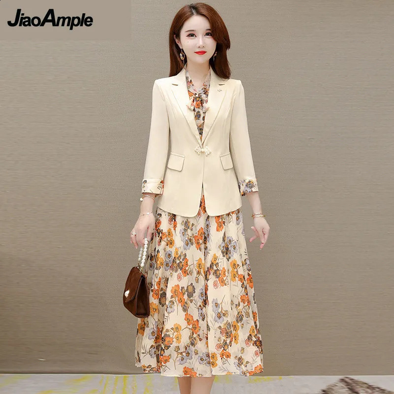 Womens Elegant Suit Jacket Floral Dress Two-piece Korean Casual Blazers Business Dresses Set Female Clothing Midi Skirt Suit 250113