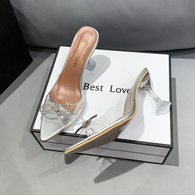 Sandals Women Transparent New High Heels Bow Rhie Buckle Sexy Crystal Heel Design Mules Slides Fashion Wedding Shoes