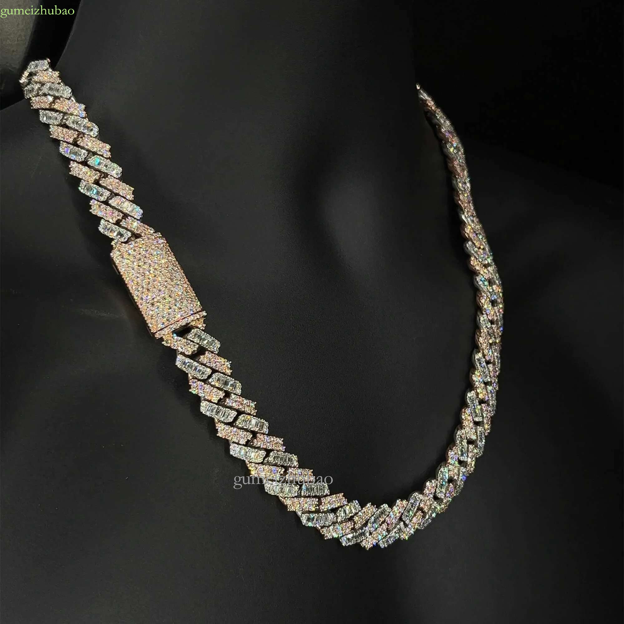 Kibo Iced Out Pure Sier Necklace Gra Vvs 15mm Two Tone Style Baguette and Round Cut Moissanite Cuban k Chain
