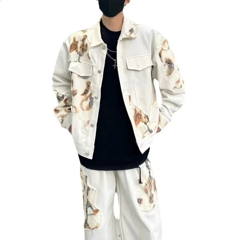 Unique Fire Burning Splicing Denim Suit Mens American Style Cropped Jacket Straight-Leg Trousers 2-Piece Set Casual Styl 250109