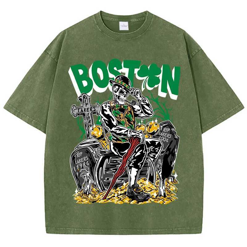 American Vintage T-Shirts For Men/Women Boston Skeletons Smoking Cotton T-Shirt Washed With Old Water Personality T Clothing New X250607