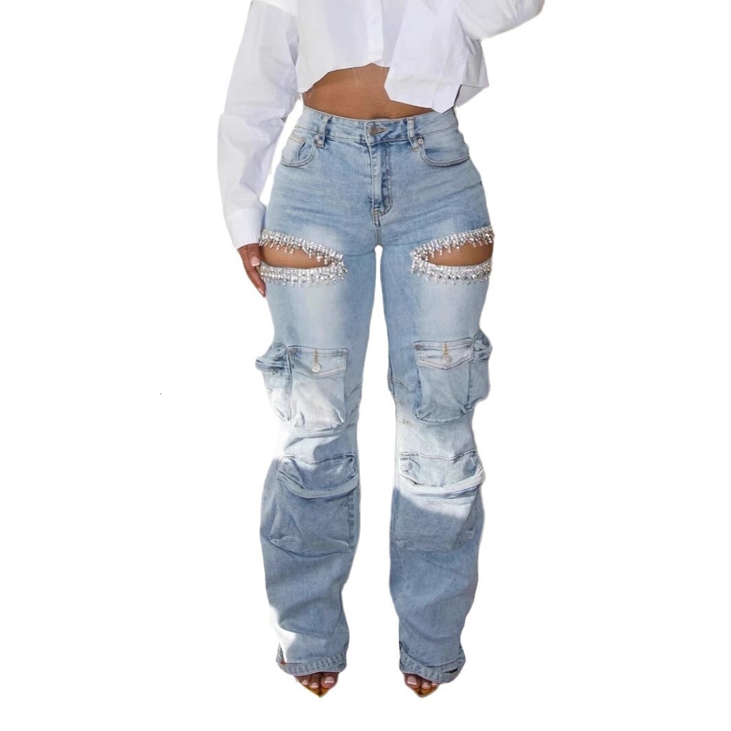 designer jeans baggy jeans womens designer 2024 europe and america independent site hot item hollowed out diamond decoration work pant 2ce