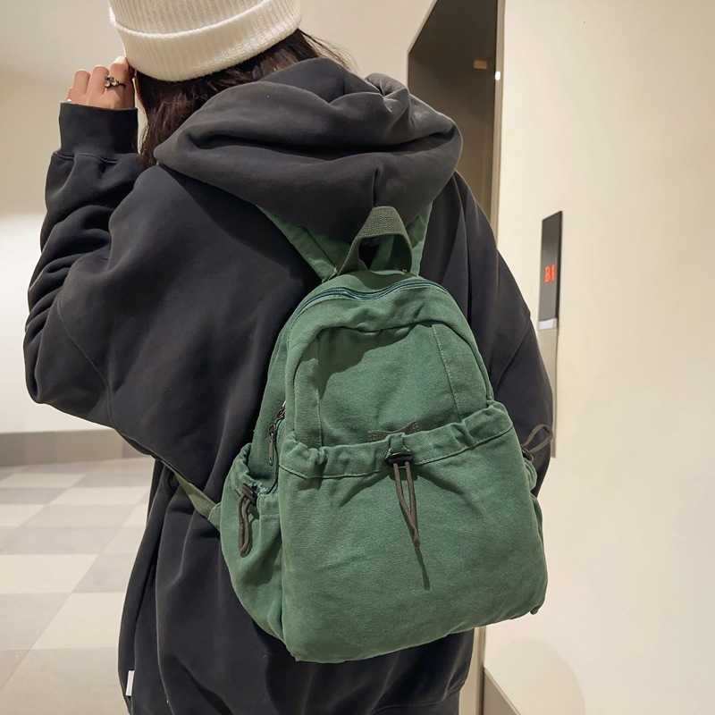 Washed Canvas Backpack for Women, Simple and Casual Drawstring Small Backpack, High School College Student Class 250113