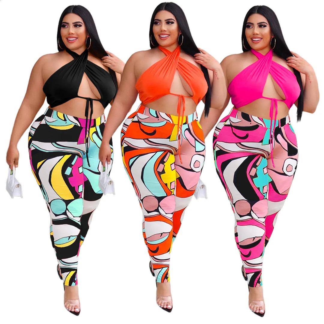 5xl Summer Outfits Sexy Lace Up Top Print Sweatpants Hollow Out Plus Size Two Piece Set Clothing Wholesale Drop 250106