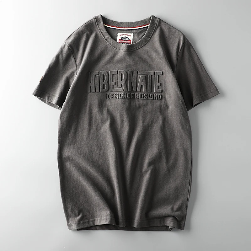 Summer American Retro Shortsleeved Oneck 3D Letter Printed Tshirt Mens Fashion Simple 100% Cotton Washed Casual Sport Tops 250113