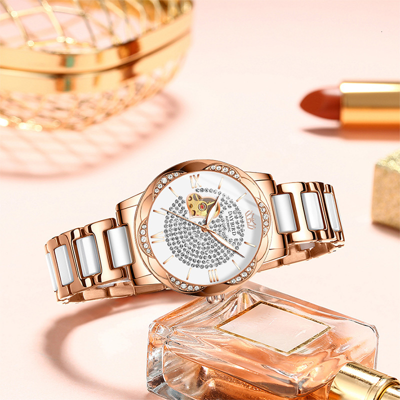 Women's Elegant Ceramic Strap Watch with Starry Sky and Heart Skeleton Design