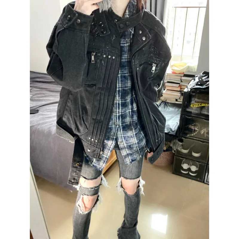 American vintage splicing distressed design zipper denim jackets men high street trend 2025 new versatile couple winter jackets X250113