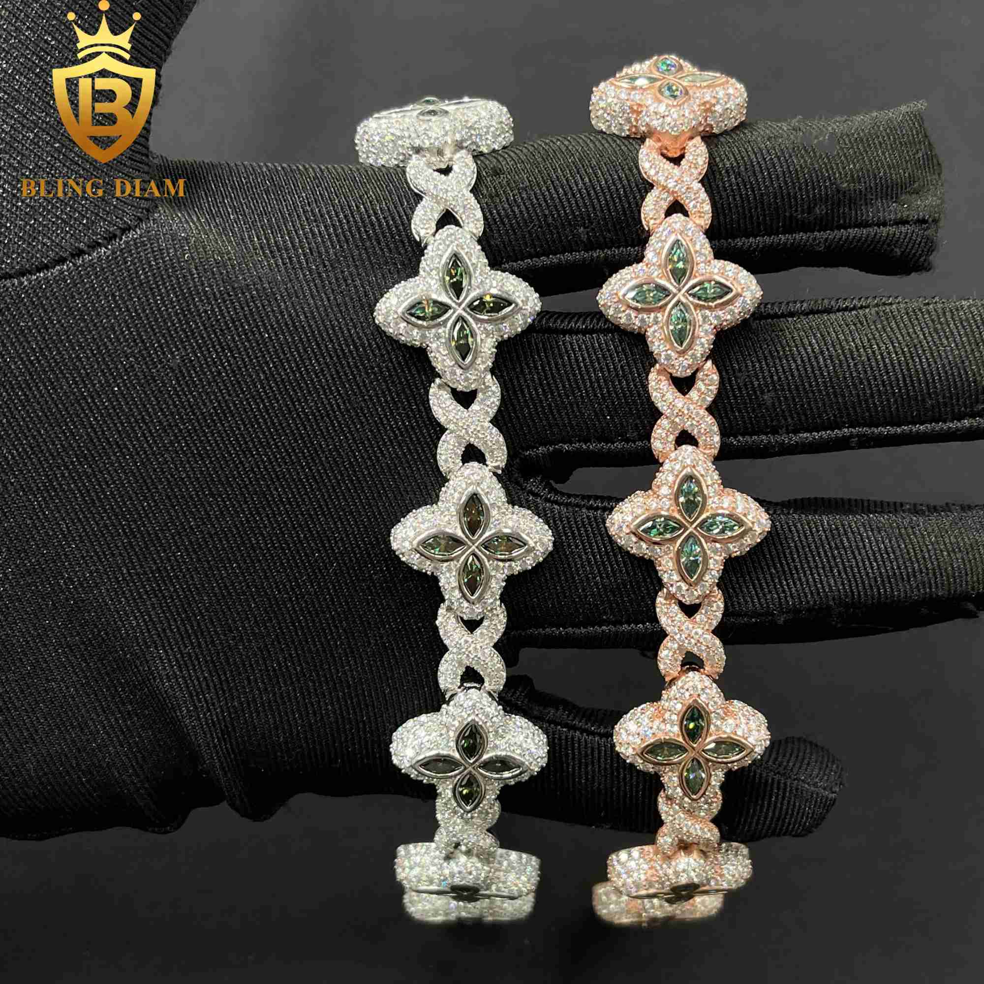 Hot Selling Design Hip Hop Jewelry Iced out Marquise Cuban Link Chain VVS Moissanite Four-Leaf Clover 18MM Bracelet