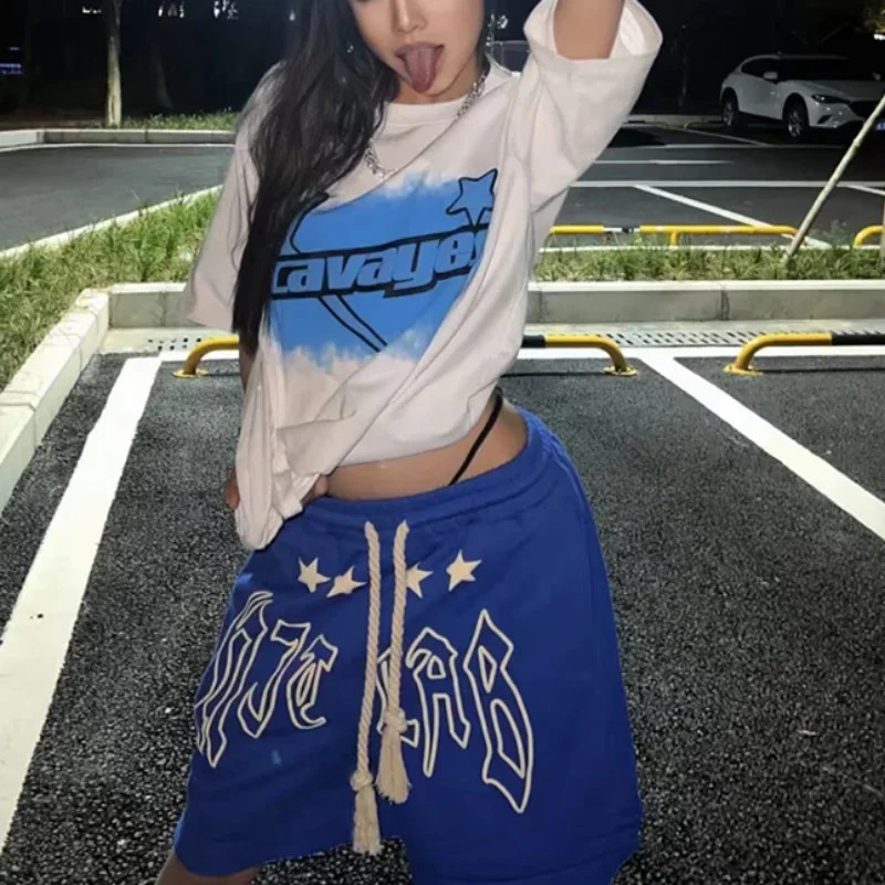 Summer Laceup Y2K Loose Couples Shorts Klein Blue American Vintage Street Elastic Waist Knee Short Sweatpant Women Letter 250107