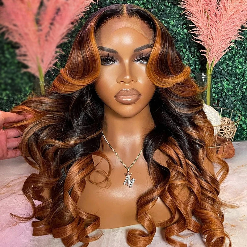 Ombre Ginger Brown Human Hair Pre Plucked Brazilian Body Wave Front Wigs Transparent Lace for Black Women
