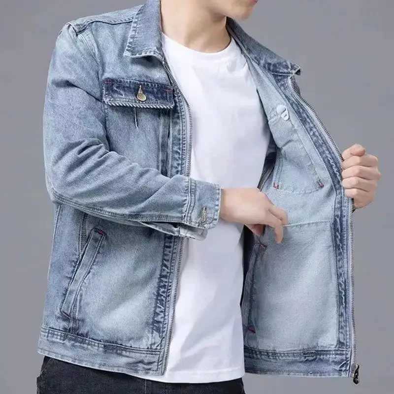 Male Jean Coats Zip V New In High Quality Mens Denim Jacket Elatic Washed Lowest Price Menswear Designer Korea Fast Delvery Y2k X250113
