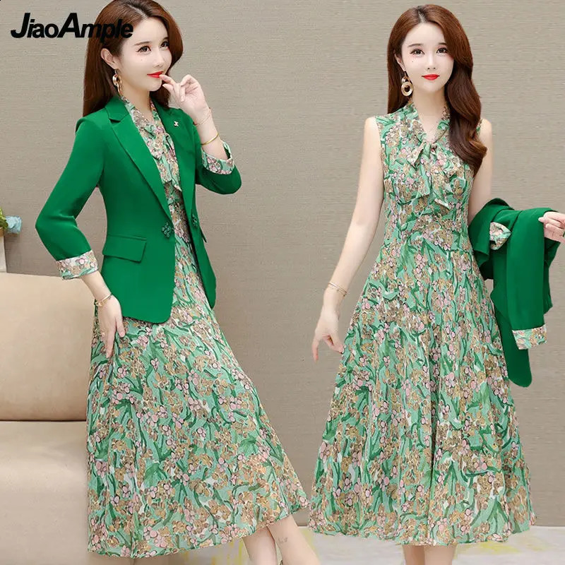 Womens Elegant Suit Jacket Floral Dress Two-piece Korean Casual Blazers Business Dresses Set Female Clothing Midi Skirt Suit 250113