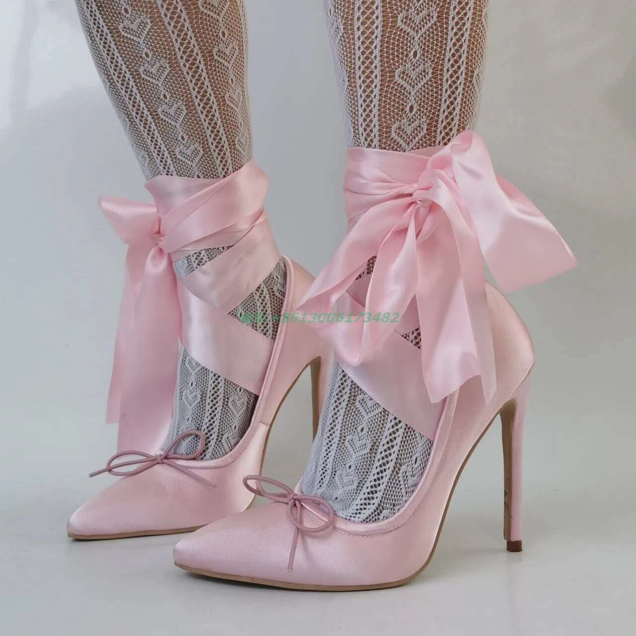 Sweet Girl Satin Ballet Design Women Pointed Toe Pink Bow Ankle Lace Up Stiletto High Heels Plus Size