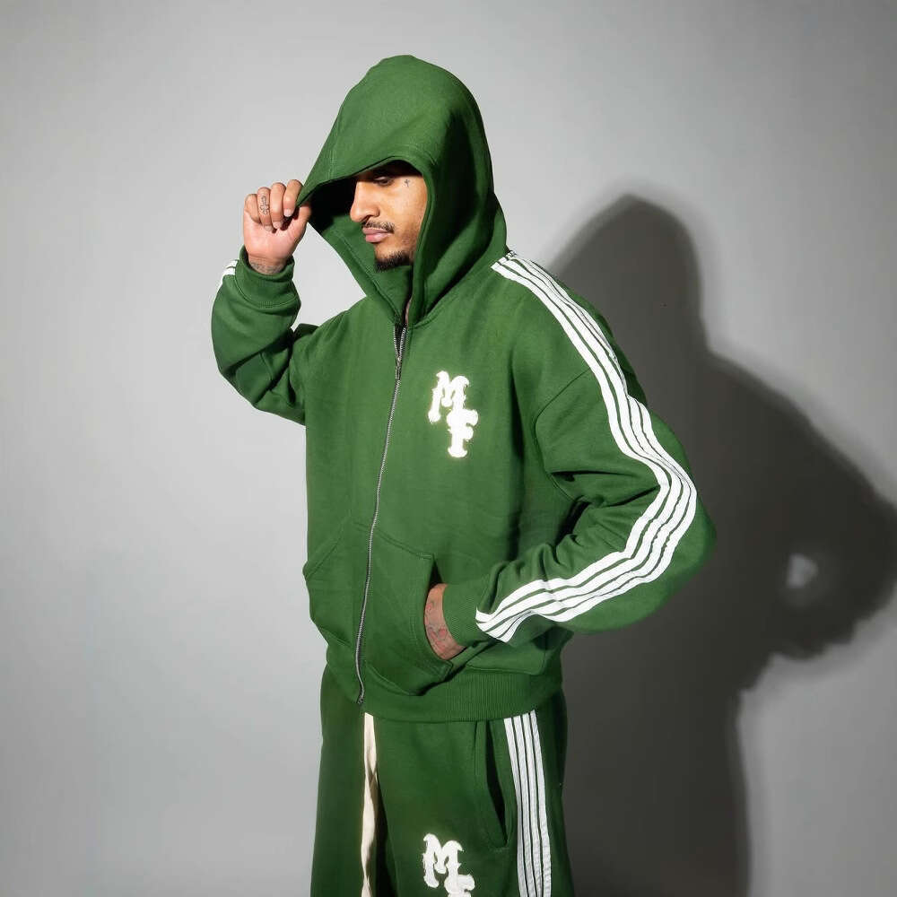 Trendy brand cardigan sweatshirt, durable M embroidery green hooded streetwear, men's zipper cardigan, fashionable