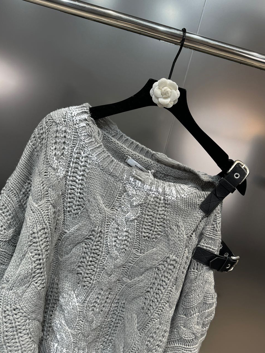 VGH Hit Color Hollow Out Loose Knit Sweater For Women Round Neck Long Sleeve Spliced Belt Pullover High Street Sweaters Female