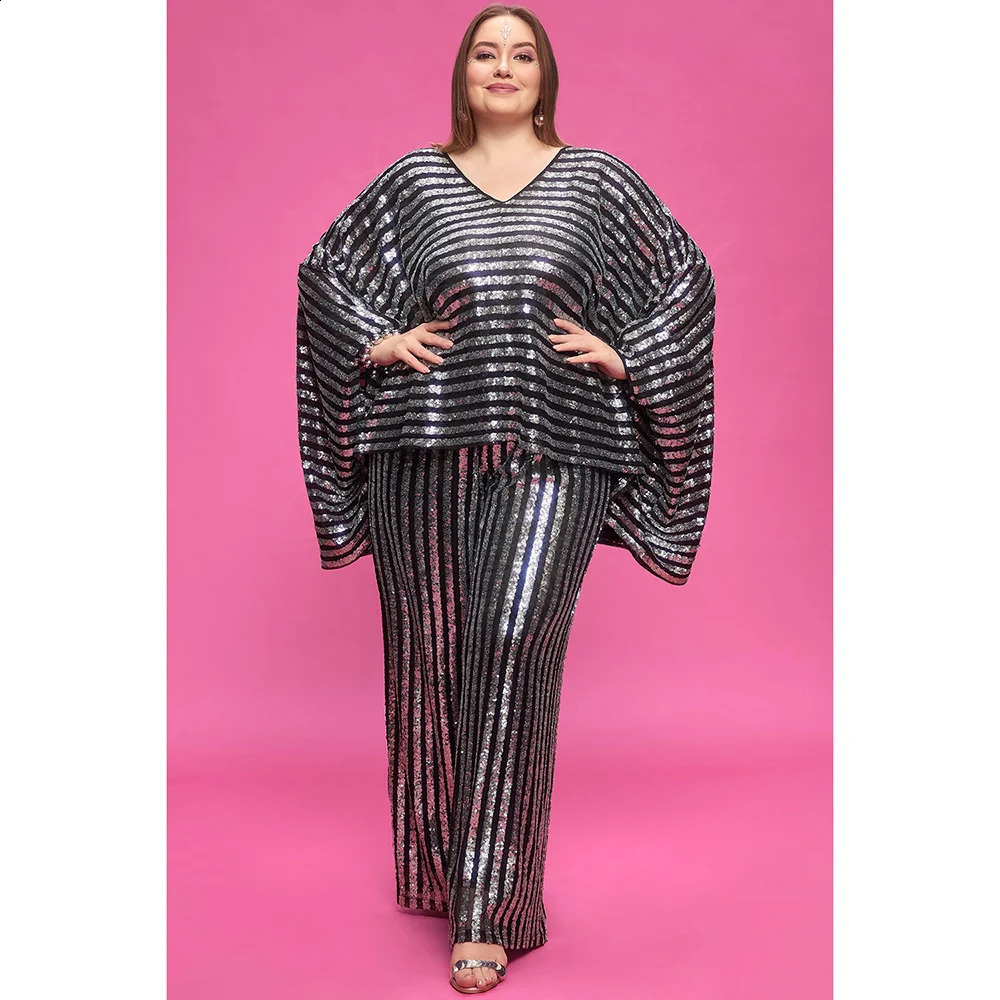Plus Size Party Silver Fall Winter V Neck Batwing Sleeve 34 Pocket Sequin Two Piece Pant Sets y250122