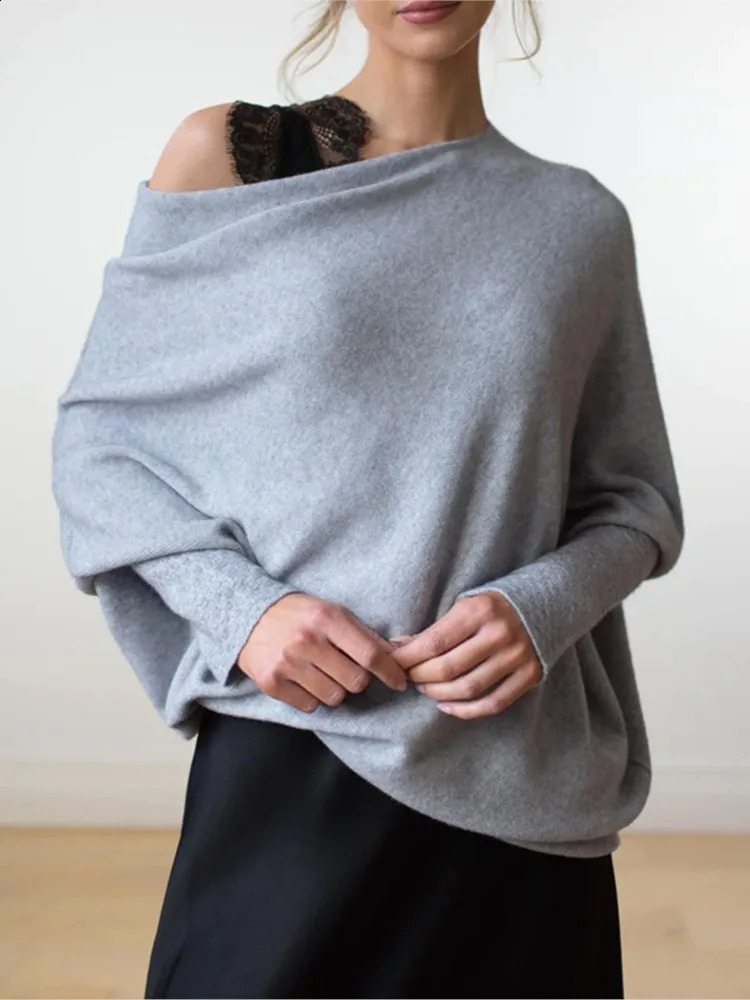 Womens Long Sleeve Neck Tunic Knitted Tops Autumn Winter Solid Loose Pullover Sweaters Off Shoulder Sweater Slash Top 250109
