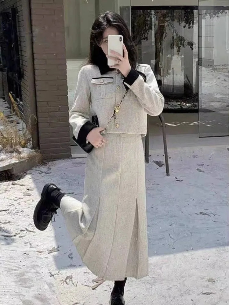 Womens French Style Thickened Cotton Woolen Suit Skirt Set Retro Contrasting Collar Woolen Jacket Pleated Skirt Two-piece Set 250113