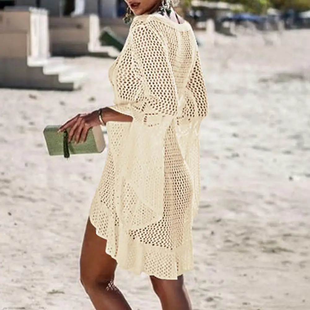 Sexy womens swimsuit beach cover hollow knit womens flannel long sleeved solid color beach dress Saida de Praia 250109