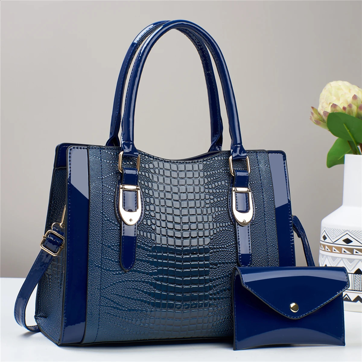 2pcs Glossy Print Handbag Set - Stylish Top Handle Tote Versatile Crossbody Bag with Mini Card Coin Purse 250106