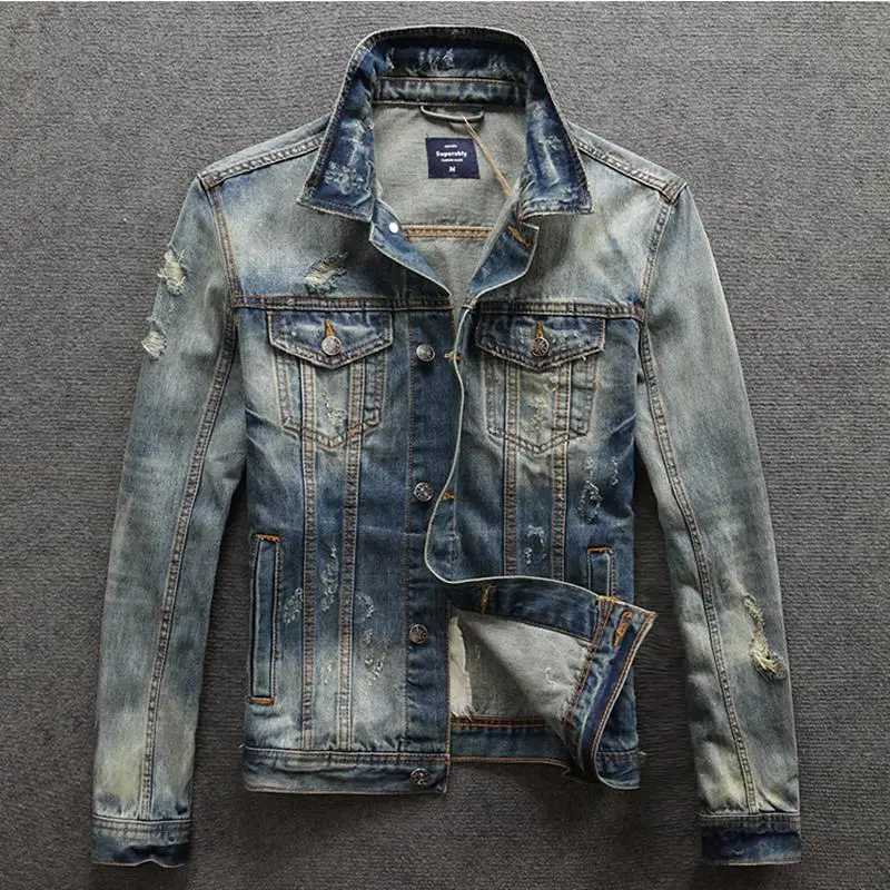 Light Cowboy Coat for Men Casual Slim Ripped Short with Hole Denim Jackets Man Low Price Loose Original of Fabric Aesthetic Y2k X250113