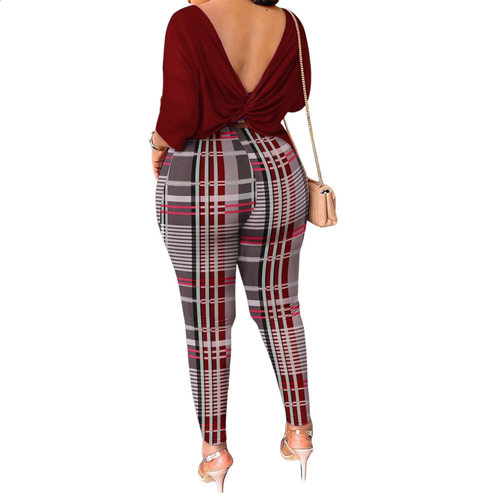 Women Clothing Winter Outfit Plus Size Long Sleeves Tops Plaid Print Pants Two Pieces Sets Autumn Chic Streetwear Fashion Suit 250106
