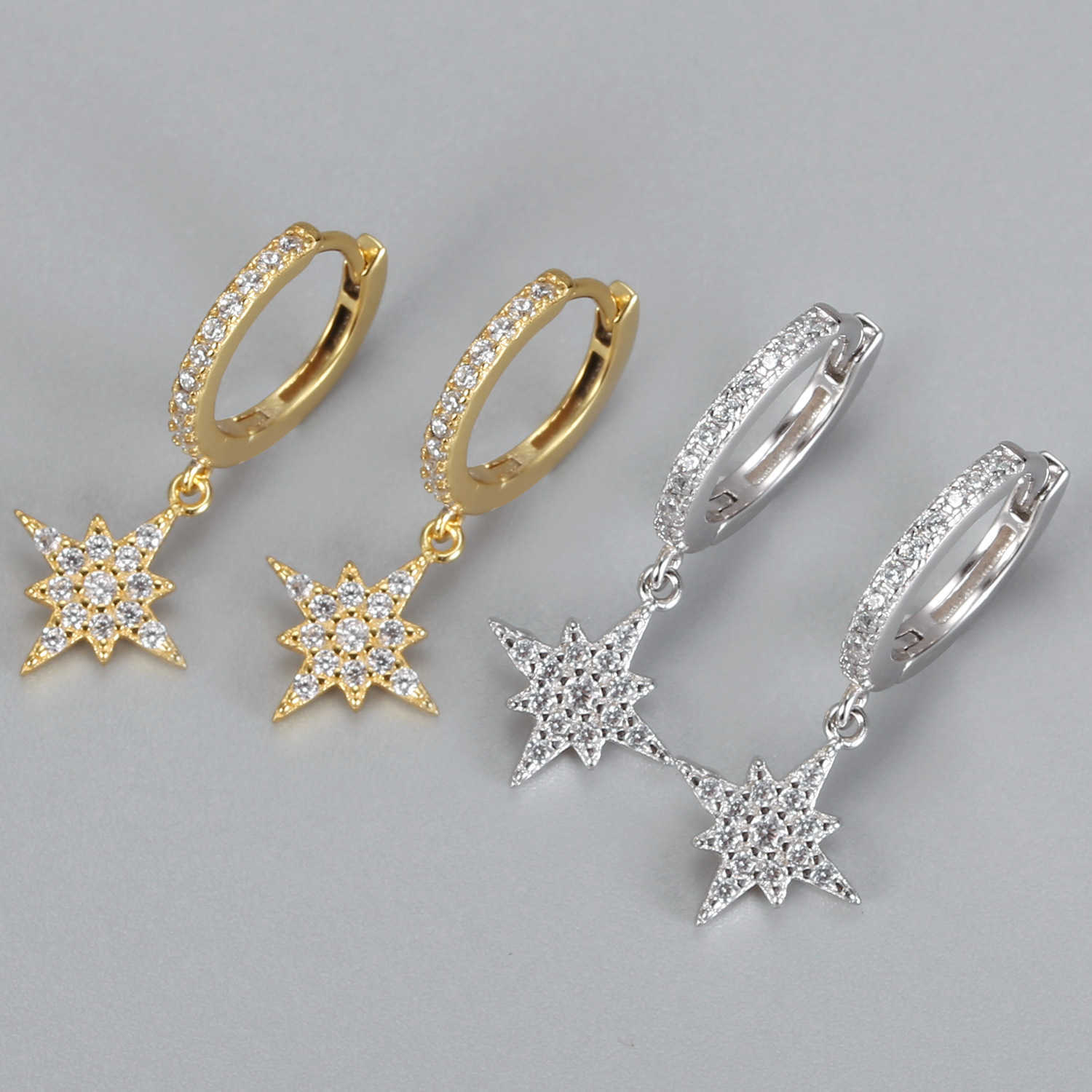 2021 NewJewelry 925 Sterling Silver EarJewelry Huggie Earrings Zircon Micro Pave Octagon Star Earrings