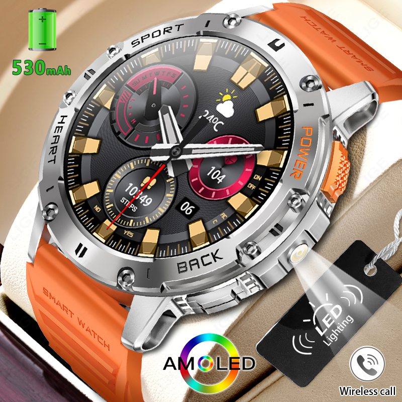LIGE 1.43 Inch AMOLED Screen Bluetooth Call Flashlight 530mAh Outdoor Men Smart Watch Sports Health Monitor For Android IOS K65