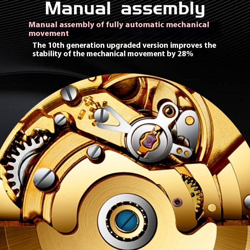 Men's Elegant Automatic Mechanical Watch with Skeleton Design, Night Glow, and Dual Calendar