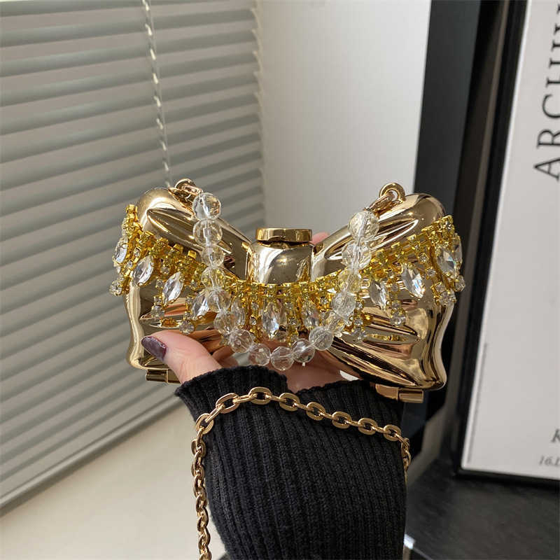 Metal Mini Bag 2024 New Fashionable Rhinestone Tassel Shoulder Bag, Women's Crossbody Chain Box Trendy 250113