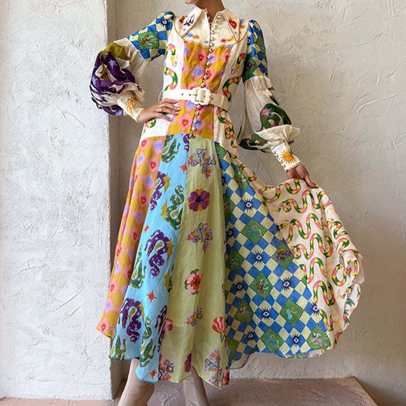 2025 Womens Lantern Sleeve Printed Lapel Waist Cinched Long Sleeved Big Swing Dress for Women
