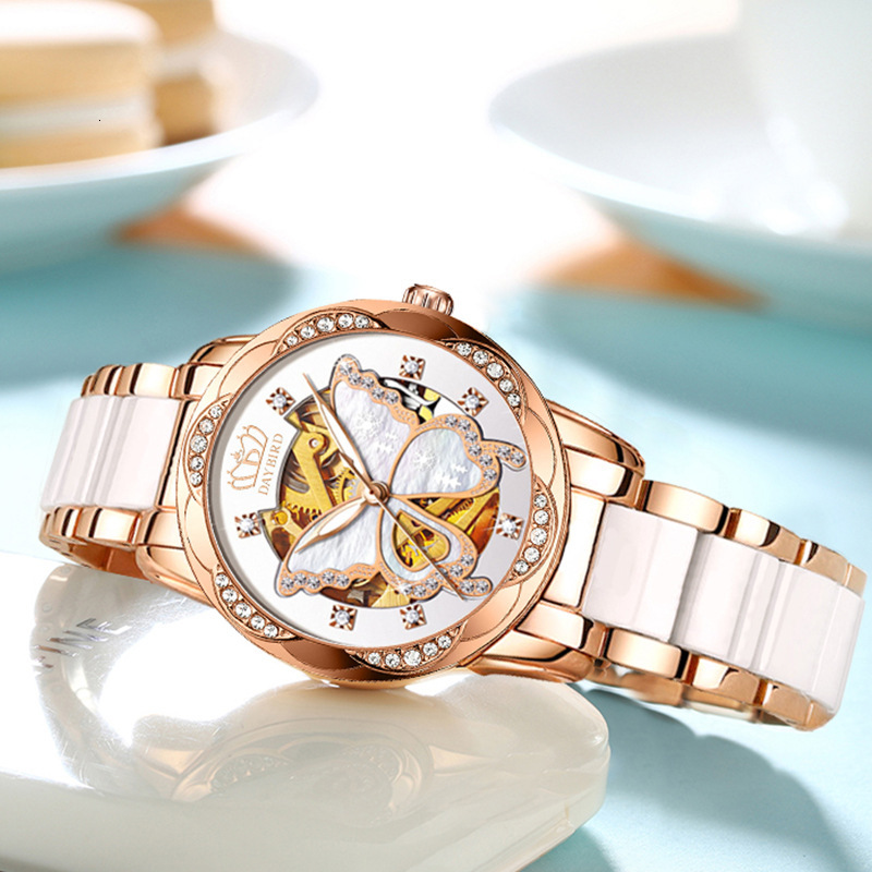 Women's Elegant Ceramic Strap Watch with Butterfly Skeleton Design