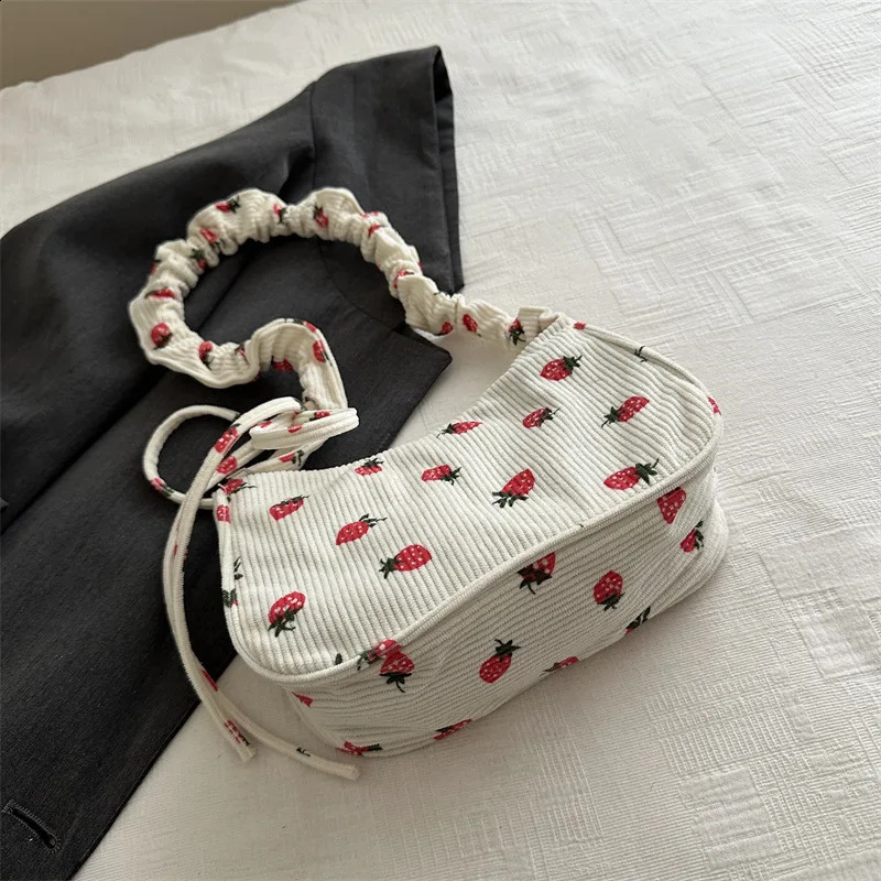 Women Small Underarm Bag Corduroy Handbag Cute Strawberry Print Little Tote Half Moon n Eco Cloth Purse Mini Shoulder Bags 250107