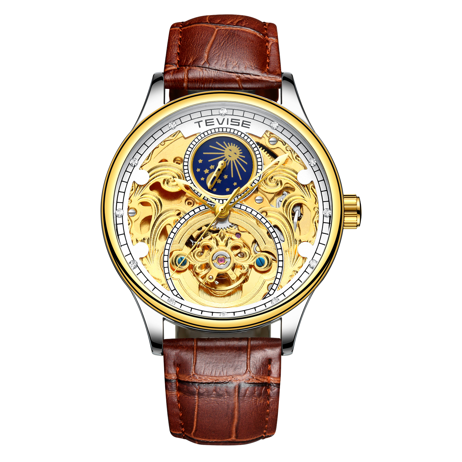 TEVISE Designer Watch Automatic Mechanical Watch Tourbillon Moon Phase Automatic Hollow Mechanical Men's Waterproof Watch T061-T820A
