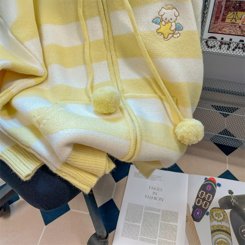 Spring Autumn Casual Cartoon Embroidery Striped Hooded Sweater Women Sweet Knitted Cardigan Coat Japanese Girls Loose Knitwear